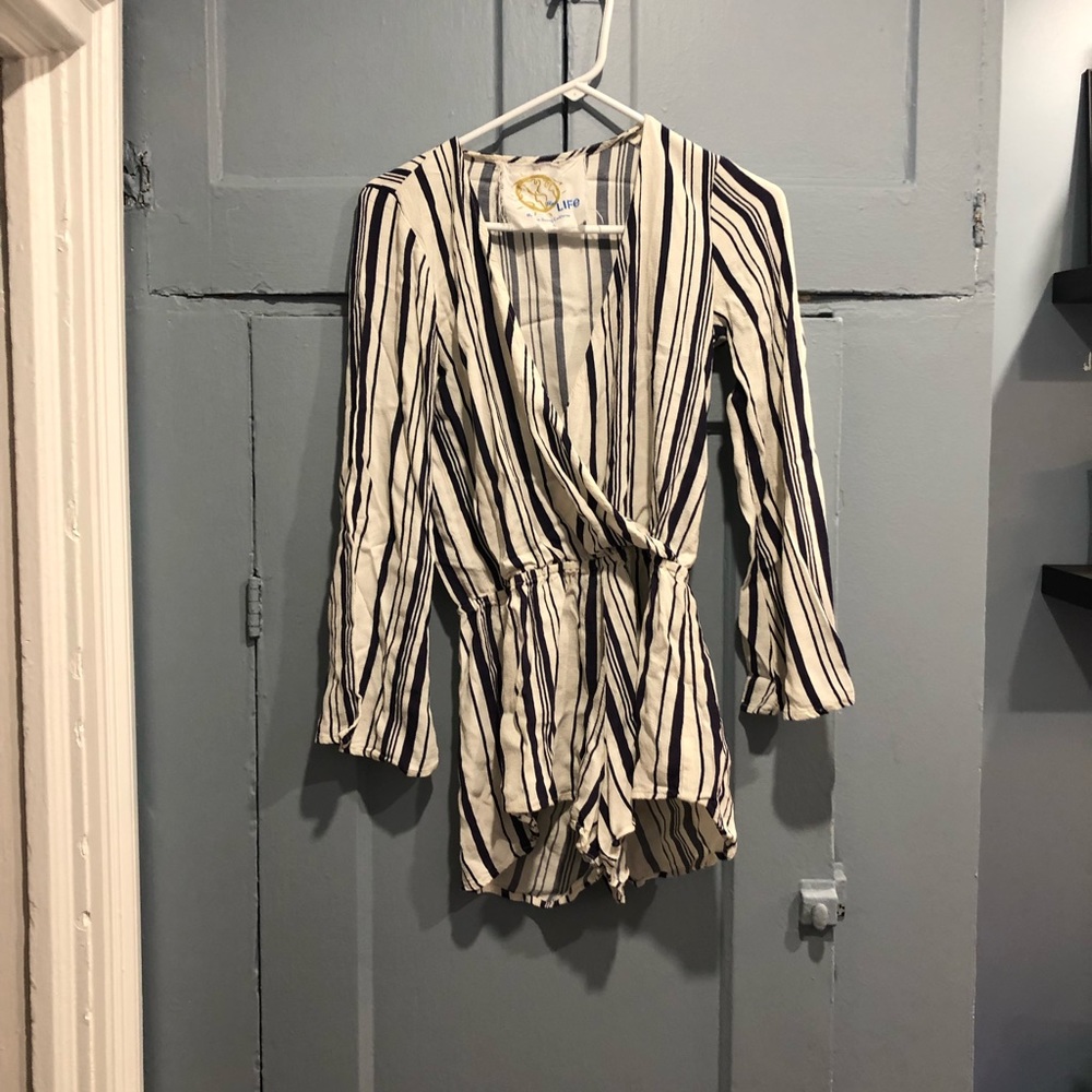 Blue and white striped beach romper